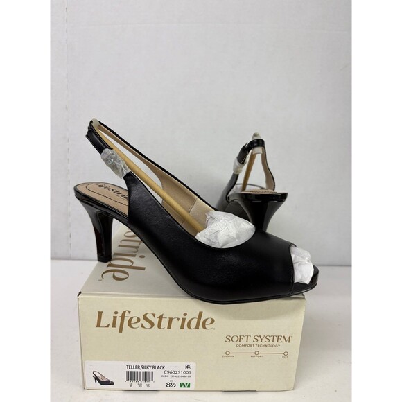 LifeStride Women's Teller Peep Toe Slingback Pump Black Smooth Stiletto Sz 8.5 W - Picture 1 of 6